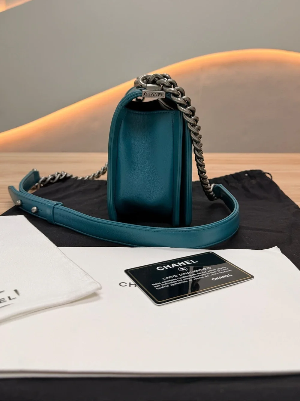 CHANEL Teal Quilted Leather Boy Bag with Chain Strap